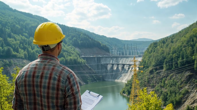 A Design Specialist in a yellow hard hat, clutching a clipboard, stands poised overlooking a dam and reservoir enveloped by forested hills under a cloudy sky, capturing the essence of renewable energy.