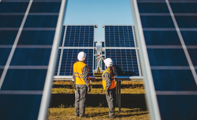 Renewable energy specialists walk through a solar panel field.