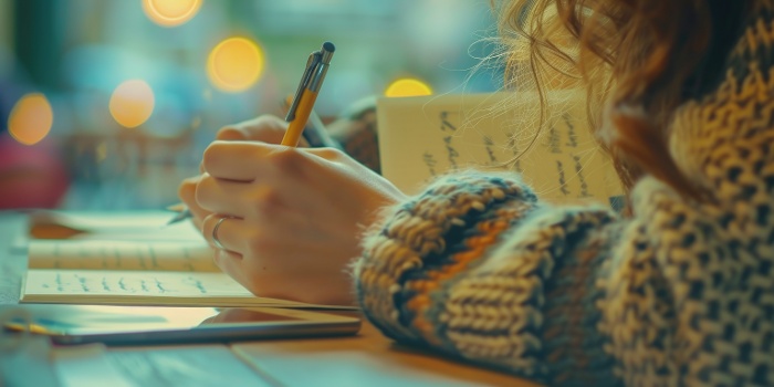 Person writing in a notebook with a pen in a cozy environment with warm lighting.