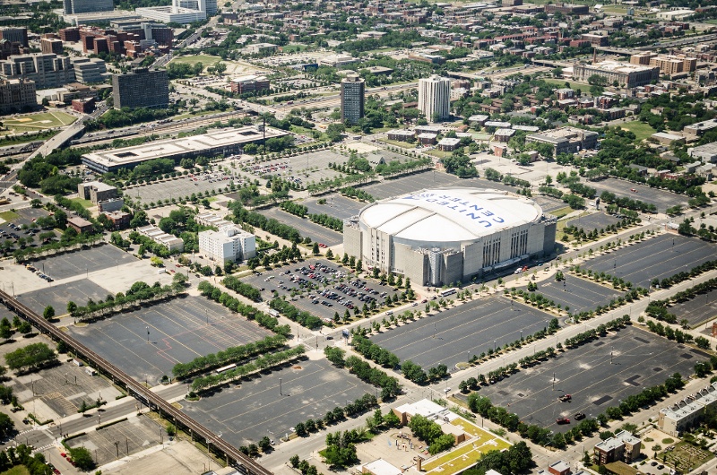 Ariel view of United Center stadium in Chicago